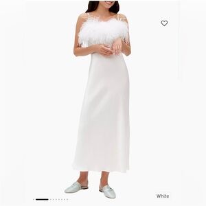SLEEPER Boheme Slip Dress with Feathers in White